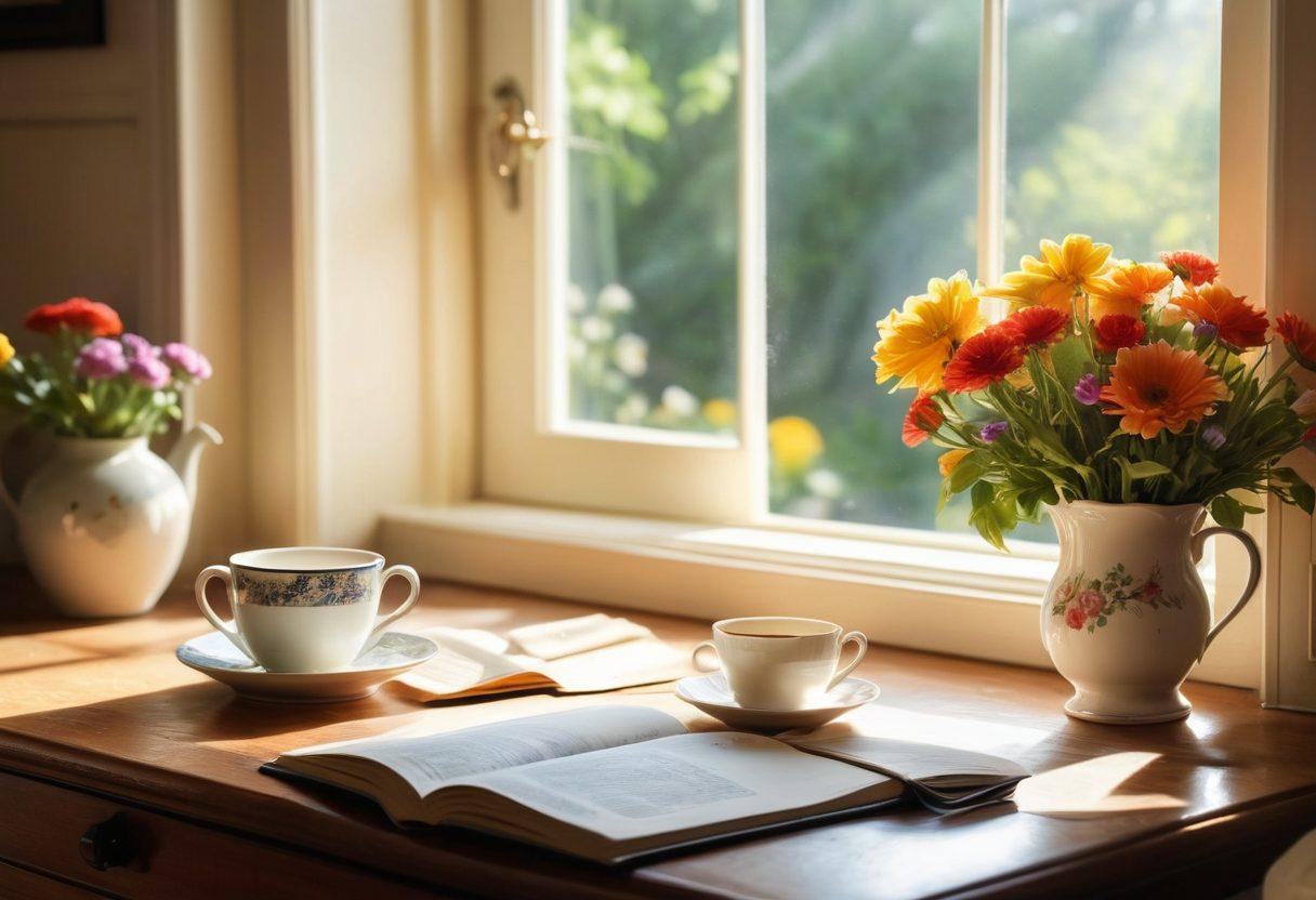 A serene scene of a sunlit kitchen table filled with fresh flowers, a steaming cup of tea, and an open journal with handwritten notes of gratitude. In the background, a window reveals a beautiful garden, symbolizing the joy in everyday moments. Soft, warm lighting enhances the cozy atmosphere. super-realistic. vibrant colors. natural lighting.