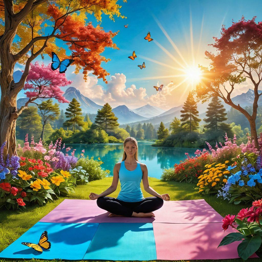 A serene landscape depicting a blossoming garden with vibrant flowers symbolizing joy, a bright sun casting warm rays, and a person meditating peacefully on a colorful yoga mat. Surround the scene with fluttering butterflies and gentle breezes to evoke a sense of upliftment and emotional well-being. The sky is clear blue, representing hope and possibilities. surreal colors. peaceful atmosphere. 3D.