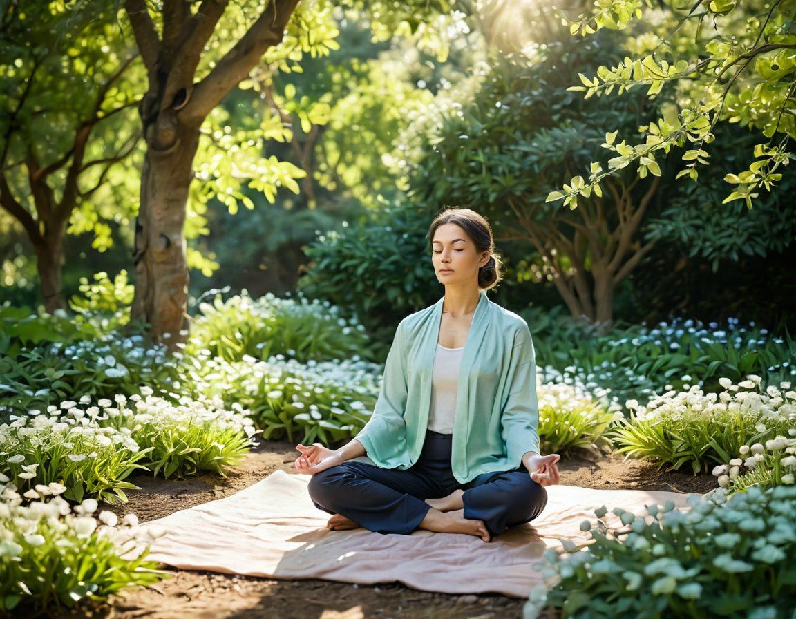 A serene scene of a person meditating in a tranquil garden, surrounded by blooming flowers and soft sunlight filtering through trees. The individual radiates calmness, embodying peace and emotional well-being. Incorporate soothing colors like pastel greens and blues, with a gentle breeze represented by flowing fabric or leaves. Add elements of mindfulness, such as stones and candles. super-realistic. vibrant colors. peaceful atmosphere.